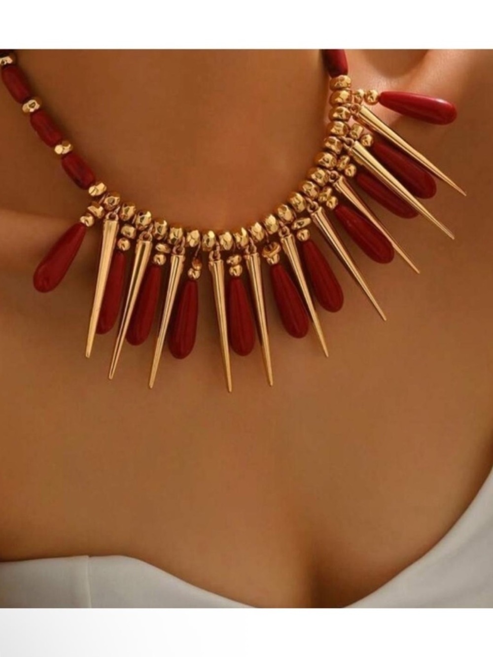 Red Ember Drop Fringe Necklace – Golden Drama Piece